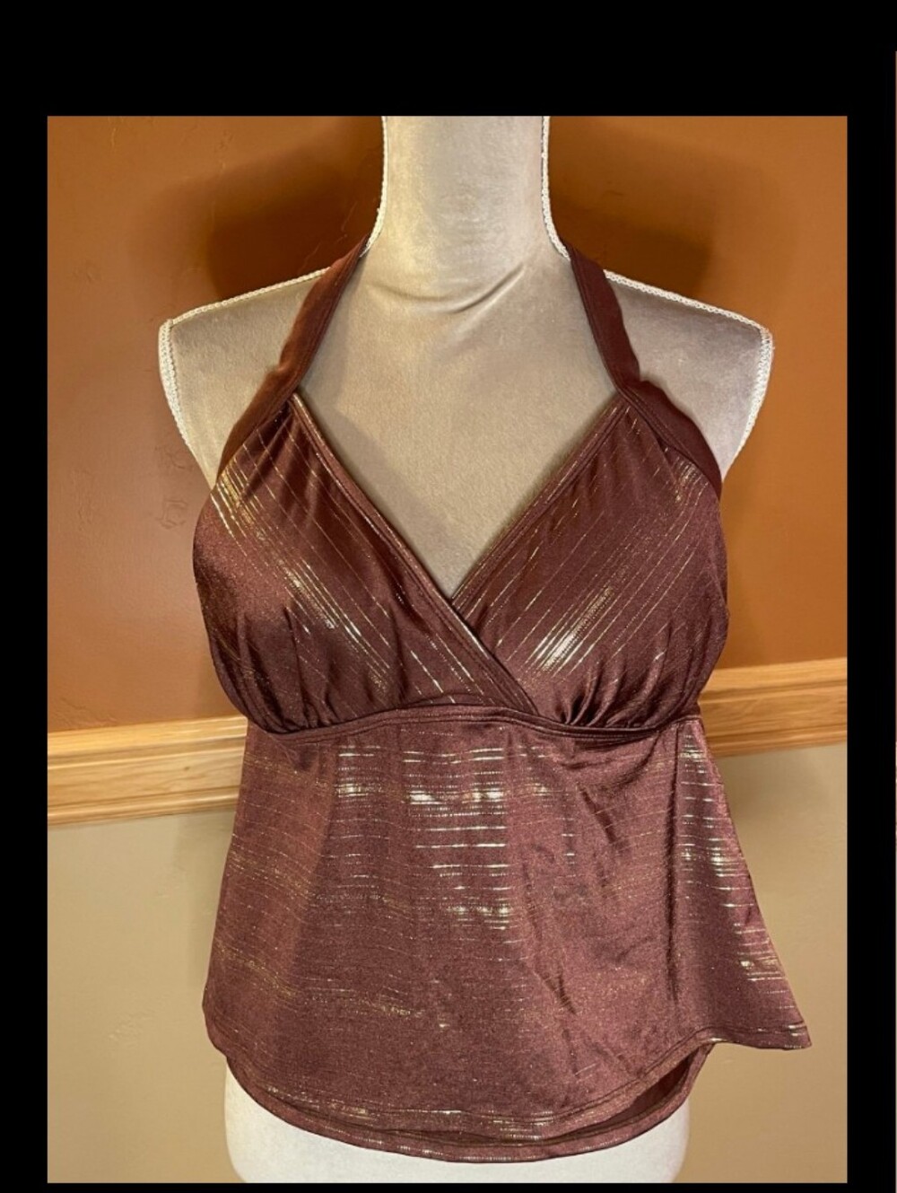 Metallic Brown Halter Tank Top - Women's Shimmery V-Neck Tankini